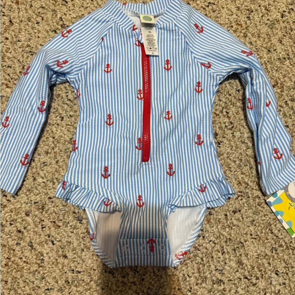 Little Me Blue and White Striped Swimsuit with Red Accents